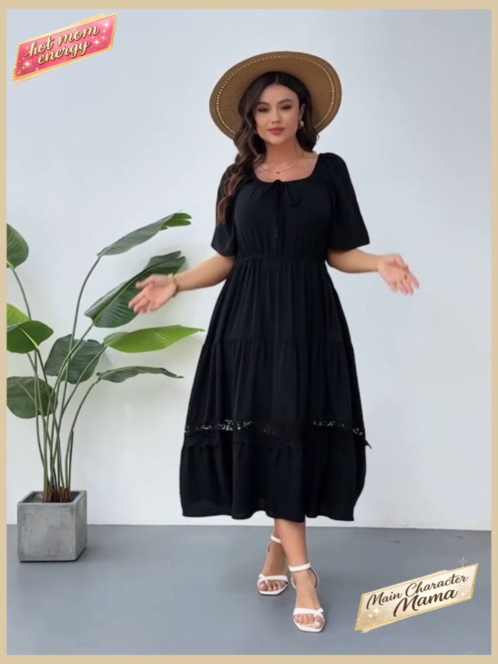 Plus Size Maxi Dress Short Sleeve Square Neck Flowy A-Line Lace Trim Flutter - Picture 7 of 7